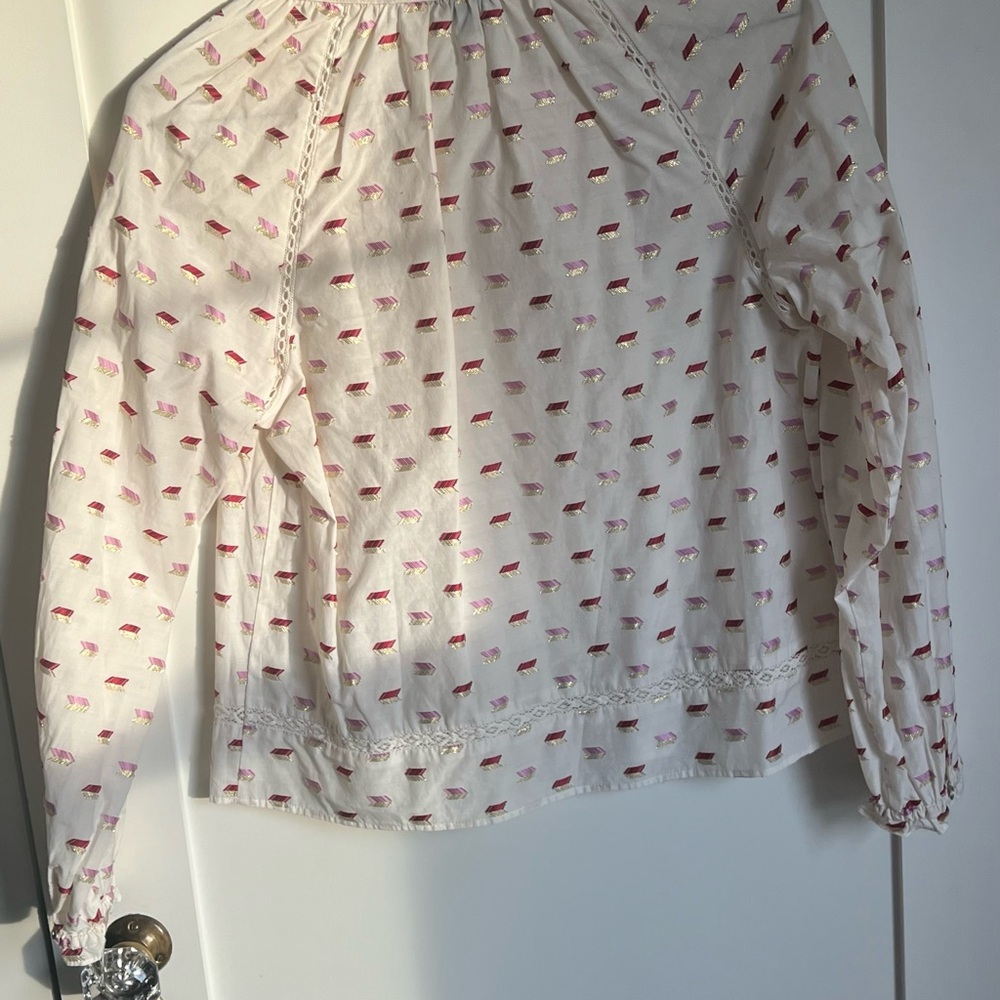 🕶️J.Crew Point Sur Metallic Embroidered Arrow Popover Blouse M pink/red/gold - Picture 9 of 9